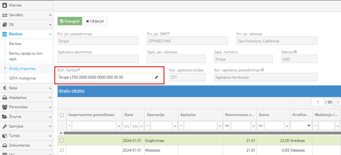 Banko išrašo įrašų tvarkymo langas